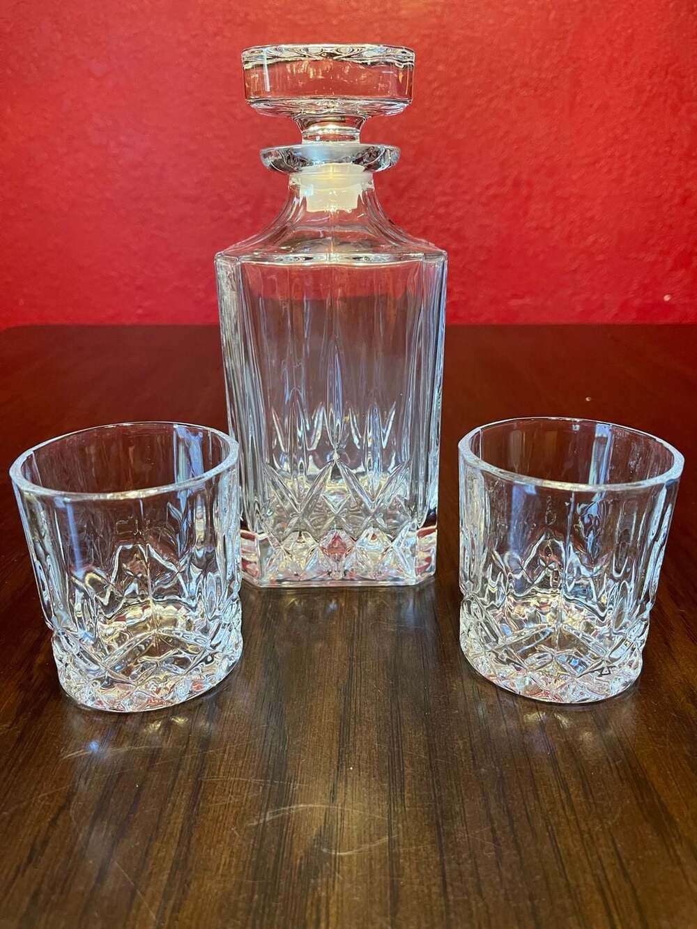 Vintage Cristal D'Arques-Durand Provence Square Crystal Decanter and Two Glasses